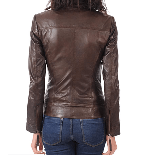 NOTCH LAPEL COLLAR BROWN BIKER LEATHER JACKET