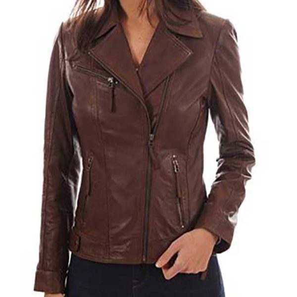 WOMEN SLIM FIT BROWN BIKER LEATHER JACKET